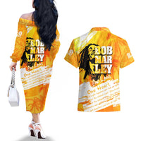 Legend Bob Reggae Couples Matching Off The Shoulder Long Sleeve Dress and Hawaiian Shirt One Love One Heart Tropical Leaf