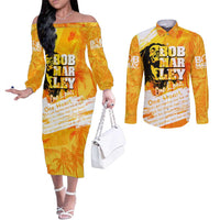 Legend Bob Reggae Couples Matching Off The Shoulder Long Sleeve Dress and Long Sleeve Button Shirt One Love One Heart Tropical Leaf