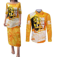 Legend Bob Reggae Couples Matching Puletasi and Long Sleeve Button Shirt One Love One Heart Tropical Leaf