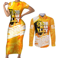 Legend Bob Reggae Couples Matching Short Sleeve Bodycon Dress and Long Sleeve Button Shirt One Love One Heart Tropical Leaf