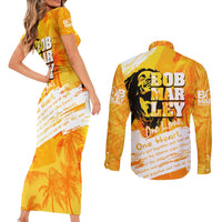 Legend Bob Reggae Couples Matching Short Sleeve Bodycon Dress and Long Sleeve Button Shirt One Love One Heart Tropical Leaf