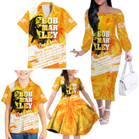 Legend Bob Reggae Family Matching Off The Shoulder Long Sleeve Dress and Hawaiian Shirt One Love One Heart Tropical Leaf