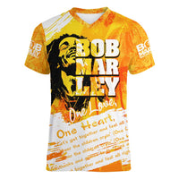 Legend Bob Reggae Women V-Neck T-Shirt One Love One Heart Tropical Leaf