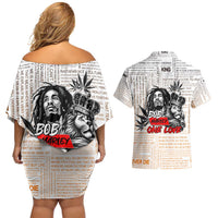 King of Reggae Legend Bob Couples Matching Off Shoulder Short Dress and Hawaiian Shirt Lion Rastafari Cannabis Typography Style