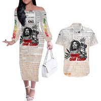 King of Reggae Legend Bob Couples Matching Off The Shoulder Long Sleeve Dress and Hawaiian Shirt Lion Rastafari Cannabis Typography Style