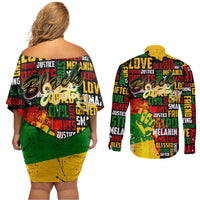 Black History Month Couples Matching Off Shoulder Short Dress and Long Sleeve Button Shirt Strength Love and Justice Typography