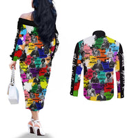 Black History Month Couples Matching Off The Shoulder Long Sleeve Dress and Long Sleeve Button Shirt African American Paint Splashes