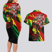 Jamaica Lion Couples Matching Long Sleeve Bodycon Dress and Hawaiian Shirt Coat Of Arms Rastafarianism
