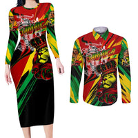 Jamaica Lion Couples Matching Long Sleeve Bodycon Dress and Long Sleeve Button Shirt Coat Of Arms Rastafarianism