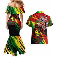 Jamaica Lion Couples Matching Mermaid Dress and Hawaiian Shirt Coat Of Arms Rastafarianism