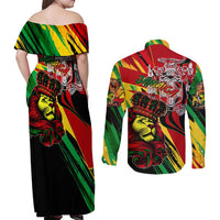 Jamaica Lion Couples Matching Off Shoulder Maxi Dress and Long Sleeve Button Shirt Coat Of Arms Rastafarianism