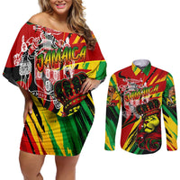 Jamaica Lion Couples Matching Off Shoulder Short Dress and Long Sleeve Button Shirt Coat Of Arms Rastafarianism