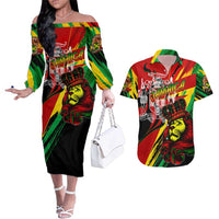 Jamaica Lion Couples Matching Off The Shoulder Long Sleeve Dress and Hawaiian Shirt Coat Of Arms Rastafarianism