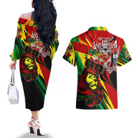 Jamaica Lion Couples Matching Off The Shoulder Long Sleeve Dress and Hawaiian Shirt Coat Of Arms Rastafarianism