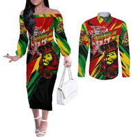 Jamaica Lion Couples Matching Off The Shoulder Long Sleeve Dress and Long Sleeve Button Shirt Coat Of Arms Rastafarianism