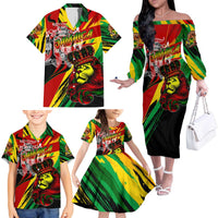 Jamaica Lion Family Matching Off The Shoulder Long Sleeve Dress and Hawaiian Shirt Coat Of Arms Rastafarianism