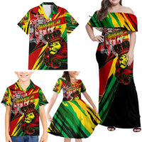 Jamaica Lion Family Matching Off Shoulder Maxi Dress and Hawaiian Shirt Coat Of Arms Rastafarianism