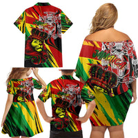 Jamaica Lion Family Matching Off Shoulder Short Dress and Hawaiian Shirt Coat Of Arms Rastafarianism