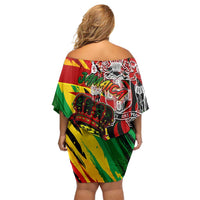 Jamaica Lion Family Matching Off Shoulder Short Dress and Hawaiian Shirt Coat Of Arms Rastafarianism