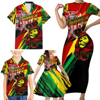 Jamaica Lion Family Matching Short Sleeve Bodycon Dress and Hawaiian Shirt Coat Of Arms Rastafarianism