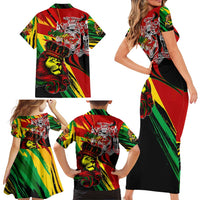 Jamaica Lion Family Matching Short Sleeve Bodycon Dress and Hawaiian Shirt Coat Of Arms Rastafarianism