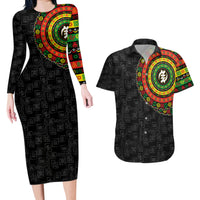 Adinkra Symbols Couples Matching Long Sleeve Bodycon Dress and Hawaiian Shirt African Culture - Wonder Print Shop
