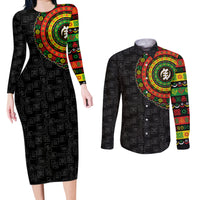 Adinkra Symbols Couples Matching Long Sleeve Bodycon Dress and Long Sleeve Button Shirts African Culture - Wonder Print Shop