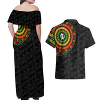 Adinkra Symbols Couples Matching Off Shoulder Maxi Dress and Hawaiian Shirt African Culture - Wonder Print Shop