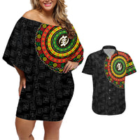 Black off-shoulder short dress with circular symbol print front; matching short-sleeve shirt
