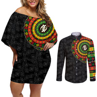 Black off-shoulder short dress and long-sleeve button shirt with colorful circular Adinkra symbols
