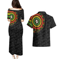 Black couples puletasi dress and Hawaiian shirt set with colorful circular symbol print