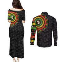 Black adinkra symbol puletasi dress and long-sleeve button shirt, back view set