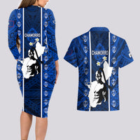 Guam Chamorro Warrior Couples Matching Long Sleeve Bodycon Dress and Hawaiian Shirt Traditional Tribal Patterns - Wonder Print Shop