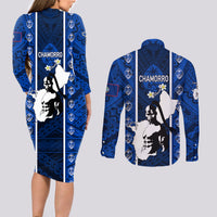 Guam Chamorro Warrior Couples Matching Long Sleeve Bodycon Dress and Long Sleeve Button Shirts Traditional Tribal Patterns - Wonder Print Shop