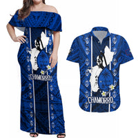 Guam Chamorro Warrior Couples Matching Off Shoulder Maxi Dress and Hawaiian Shirt Traditional Tribal Patterns - Wonder Print Shop