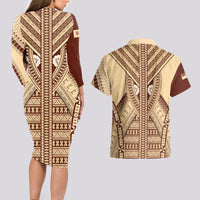 Fiji Bula Couples Matching Long Sleeve Bodycon Dress and Hawaiian Shirt Tapa Pattern Design - Wonder Print Shop