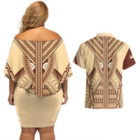 Fiji Bula Couples Matching Off Shoulder Short Dress and Hawaiian Shirt Tapa Pattern Design - Wonder Print Shop