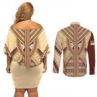 Fiji Bula Couples Matching Off Shoulder Short Dress and Long Sleeve Button Shirts Tapa Pattern Design - Wonder Print Shop