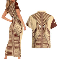 Fiji Bula Couples Matching Short Sleeve Bodycon Dress and Hawaiian Shirt Tapa Pattern Design - Wonder Print Shop