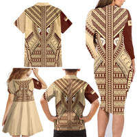 Fiji Bula Family Matching Long Sleeve Bodycon Dress and Hawaiian Shirt Tapa Pattern Design - Wonder Print Shop