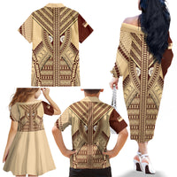 Fiji Bula Family Matching Off Shoulder Long Sleeve Dress and Hawaiian Shirt Tapa Pattern Design - Wonder Print Shop