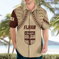 Fiji Bula Hawaiian shirt with beige base, brown tapa trim, crest logo, and short-sleeve buttons