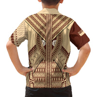 Fiji Bula Hawaiian shirt back view with beige tapa patterns and central vertical stripe panel
