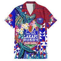 Rugby-style Hawaiian shirt with red/blue tribal floral print, short sleeves, button collar
