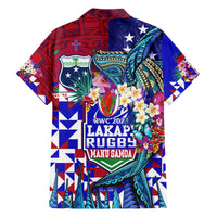 Rugby-style Hawaiian shirt back with RWC2022 emblem, red/blue tribal floral print, short sleeves