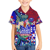 Kids rugby-style Hawaiian shirt with RWC2023 Lakapi Rugby graphic, short sleeves, button collar