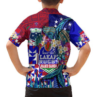 Rugby-style Hawaiian shirt back with RWC2022 Lakapi Rugby emblem, red/blue tribal print