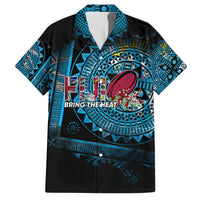 Rugby-style Hawaiian shirt, black with blue tribal print, Fiji logo, button-down collar