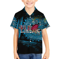 Rugby-style Hawaiian shirt for kids, black with blue tribal print and Fiji oval logo