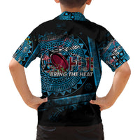 Rugby-style Hawaiian shirt back view, large Fiji oval graphic in blue tribal print